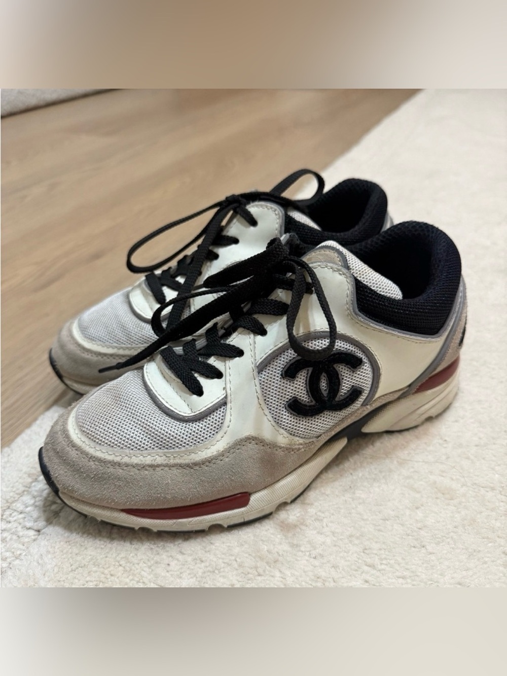 CHANEL Cream Black and Red Logo Women’s Sneakers - Picture 2 of 5
